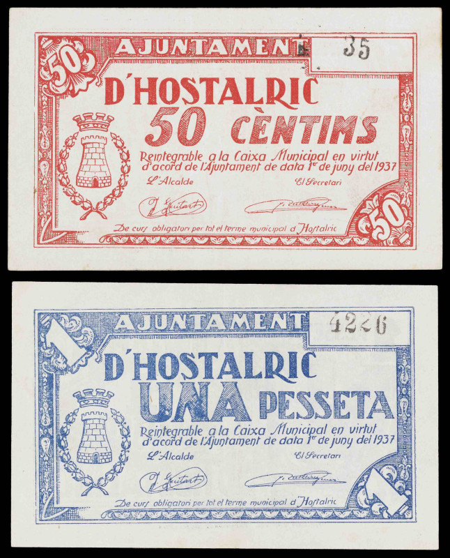 Hostalric. 50 céntimos y 1 peseta. (T. 1435 y 1436). 2 billetes, todos los de la...