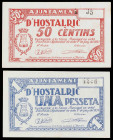 Hostalric. 50 céntimos y 1 peseta. (T. 1435 y 1436). 2 billetes, todos los de la localidad. El de 50 céntimos, nº 35. MBC-/MBC.