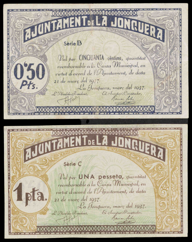 La Jonquera. 50 céntimos y 1 peseta. (T. 1462b y 1464b). 2 billetes. MBC-/EBC.
