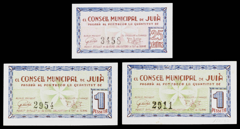 Juià. 25 céntimos y 1 peseta (dos). (T. 1471 y 1473). 3 billetes. Escasos. EBC/E...