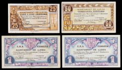Lleida. 25, 50 céntimos y 1 peseta (dos). (T. 1536 a 1538). 4 billetes, una serie completa. BC+/MBC+.
