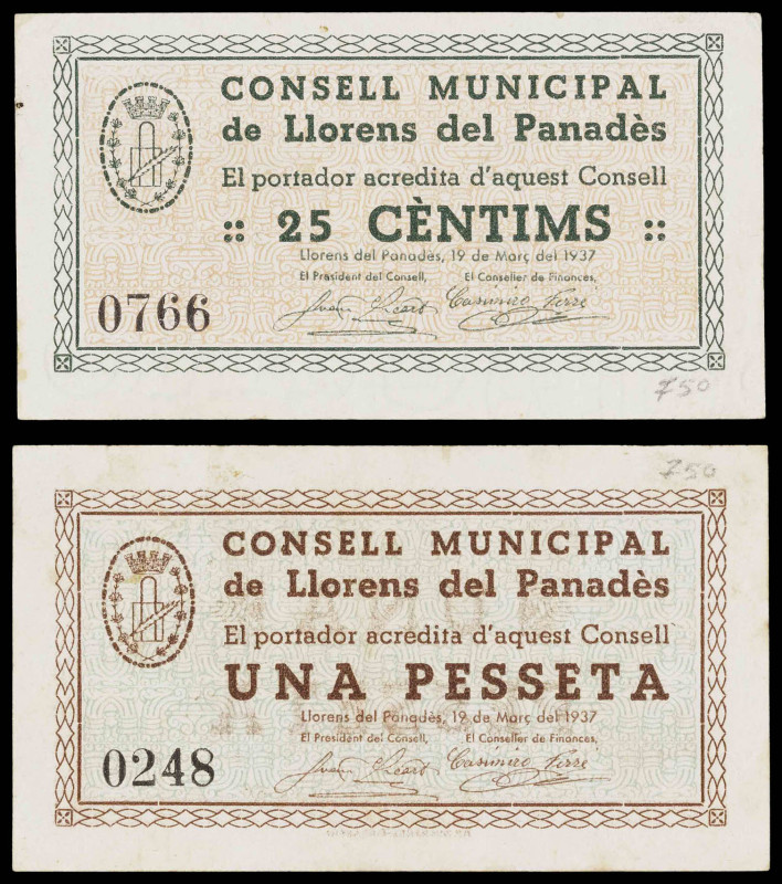 Llorens del Penedès. 25 céntimos y 1 peseta. (T. 1562 y 1563). 2 billetes, serie...