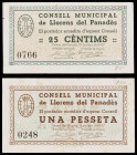 Llorens del Penedès. 25 céntimos y 1 peseta. (T. 1562 y 1563). 2 billetes, serie completa,. La peseta, nº 0248. MBC-/MBC+.