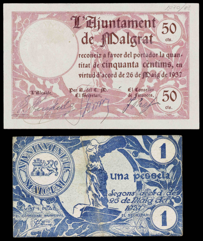 Malgrat. 50 céntimos y 1 peseta. (T. 1607 y 1610). 2 billetes. MBC/EBC.