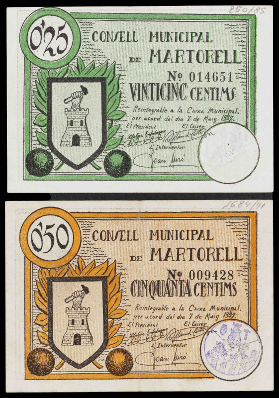 Martorell. 25 y 50 céntimos. (T. 1650 y 1651). 2 billetes. MBC/MBC+.