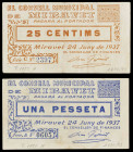 Miravet. 25 céntimos y 1 peseta. (T. 1721 y 1723). 2 billetes. Escasos. MBC/MBC+.