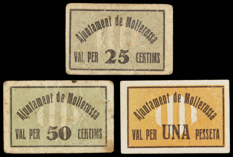 Mollerusa. 25, 50 céntimos y 1 peseta. (T. 1736 a 1738). 3 cartones, una serie c...