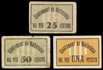 Mollerusa. 25, 50 céntimos y 1 peseta. (T. 1736 a 1738). 3 cartones, una serie completa. Raros. BC/MBC+.