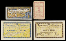 Montblanc. 5, 25, 50 céntimos y 1 peseta. (T. 1767, 1768a, 1769 y 1771b). 3 billetes, una serie completa, y un cartón. BC/MBC+.