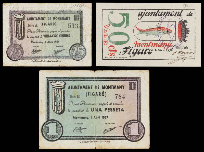 Montmany. 25, 50 céntimos y 1 peseta. (T. 1818, 1819a y 1821). 3 billetes. BC/EB...