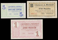 Montmeló. 25, 50 céntimos y 1 peseta. (T. 1823a, 1824 y 1826). 3 billetes. Los 25 céntimos, nº 000006 y los 50 céntimos, nº 000157. MBC-/EBC.