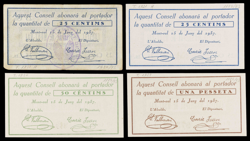Mont-ral. 25 (dos), 50 céntimos y 1 peseta. (T. 1829b, 1830b, 1831 y 1831a). 4 b...