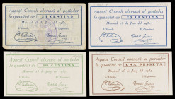 Mont-ral. 25 (dos), 50 céntimos y 1 peseta. (T. 1829b, 1830b, 1831 y 1831a). 4 billetes, una serie completa. Escasos. MBC/EBC+.