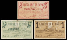 Navàs. 25, 50 céntimos y 1 peseta. (T. 1894 a 1896). 3 billetes, serie completa. BC+/MBC.