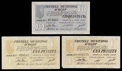 Olot. 50 céntimos y 1 peseta (dos). (T. 1946 a 1948). 3 billetes, todos los de la localidad. BC+/MBC-.