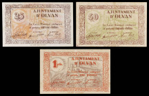 Olvan. 25, 50 céntimos y 1 peseta. (T. 1959a, 1960a y 1961a). 3 billetes, todos los de la localidad. BC+/MBC+.