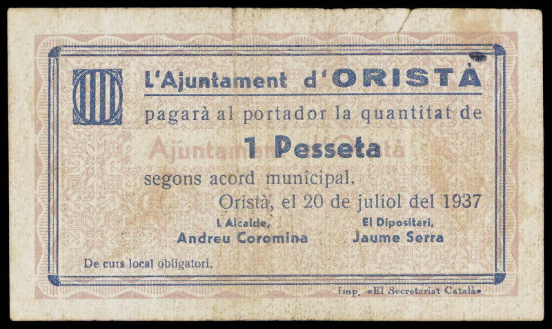 Oristà. 1 peseta. (T. 1974b). Nº 000018. Escaso. BC+.