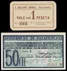 Palafrugell. 50 céntimos y 1 peseta. (T. 2002 var y falta). Un billete, sin sello en seco y un cartón de J. Gallart Girbal. EBC-.