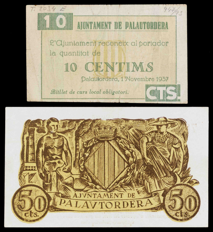 Palautordera. 10 y 50 céntimos. (T. 2032b y 2034a). 2 billetes. MBC-/MBC.