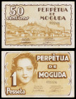 Perpètua de Moguda. 50 céntimos y 1 peseta. (T. 2099 y 2100). 2 billetes, todos los de la localidad. MBC-/MBC.