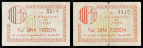 Piera. 1 peseta (dos). (T. 2103 y 2103a). 2 billetes. Escasos. BC+/MBC.