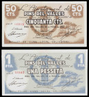 Pins del Vallès. 50 céntimos y 1 peseta. (T. 2127 y 2128). 2 billetes, todos los de la localidad. MBC/EBC.