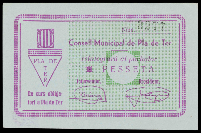 El Pla de Ter. 1 peseta. (T. 2148a). Único billete emitido por esta la localidad...