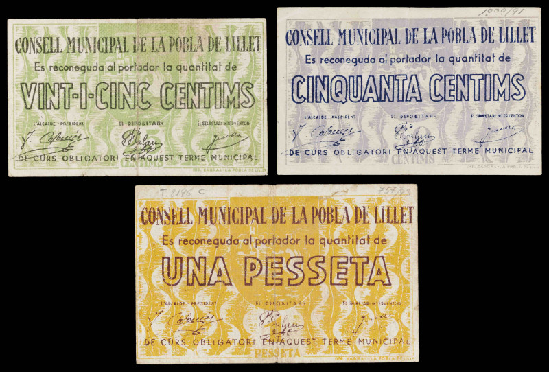 La Pobla de Lillet. 25, 50 céntimos y 1 peseta. (T. 2196, 2198 y 2199). 3 billet...