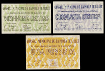 La Pobla de Lillet. 25, 50 céntimos y 1 peseta. (T. 2196, 2198 y 2199). 3 billetes. BC+/MBC-.