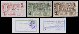 La Pobla de Segur. 20, 50 céntimos, 1 (dos) y 5 pesetas. (T. 2217 a 2219, 2221a y 2223). 5 billetes, dos del "Ejército Nacional", una serie completa. ...