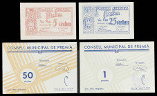 Premià. 5, 25, 50 céntimos y 1 peseta. (T. 2309, 2310, 2311a y 2312ab). 4 billetes, todos los de la localidad. S/C-.