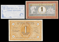Premià de Mar. 5 céntimos y 1 peseta (dos). (T. 2314a, 2318 y 2321a). 3 billetes. BC+/MBC+.
