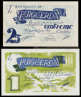 Puigcerdà. 25 céntimos y 1 peseta. (T. 2336c y 2338). 2 billetes. MBC-/MBC+.