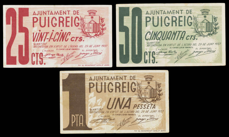 Puig-reig. 25, 50 céntimos y 1 peseta. (T. 2352 a 2354). 3 billetes, serie compl...