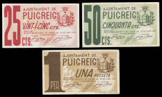 Puig-reig. 25, 50 céntimos y 1 peseta. (T. 2352 a 2354). 3 billetes, serie completa. MBC-/MBC.