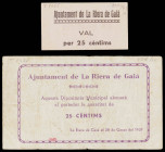 La Riera de Gaià. 25 céntimos (dos). (T. 2451 y 2458). Un billete y un cartón. Raros. BC+/MBC+.