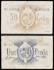 Roquetes. 50 céntimos y 1 peseta. (T. 2545 y 2546). 2 billetes. Escasos. BC/BC+.