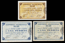 Rubí. 50 céntimos y 1 peseta (dos). (T. 2566 y 2567). 3 billetes, una serie completa. MBC-/MBC+.