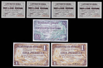 Sabadell. 25 (cuatro), 50 céntimos y 1 peseta (dos). (T. 2573, 2574 y 2575a). 7 billetes, una serie completa. Los 25 céntimos, dos parejas correlativa...