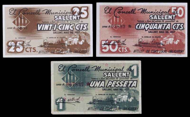 Sallent. 25, 50 céntimos y 1 peseta. (T. 2596 a 2598). 3 billetes, todos los de ...