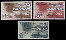 Sallent. 25, 50 céntimos y 1 peseta. (T. 2596 a 2598). 3 billetes, todos los de la localidad. BC+/EBC-.