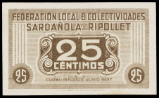 Sardañola (Cerdanyola del Vallès). Federación Local de Colectividades. CNT - UGT. 25 céntimos. (T. 2635). Escaso así. EBC.