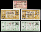 Solsona. 25, 50 céntimos (dos) y 1 peseta (dos). (T. 2781 a 2783). 5 billetes, una serie completa y dos parejas correlativas. MBC/EBC+.