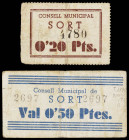 Sort. 20 y 50 céntimos. (T. 2786a y 2789). 2 cartones. Escasos. BC+/MBC-.