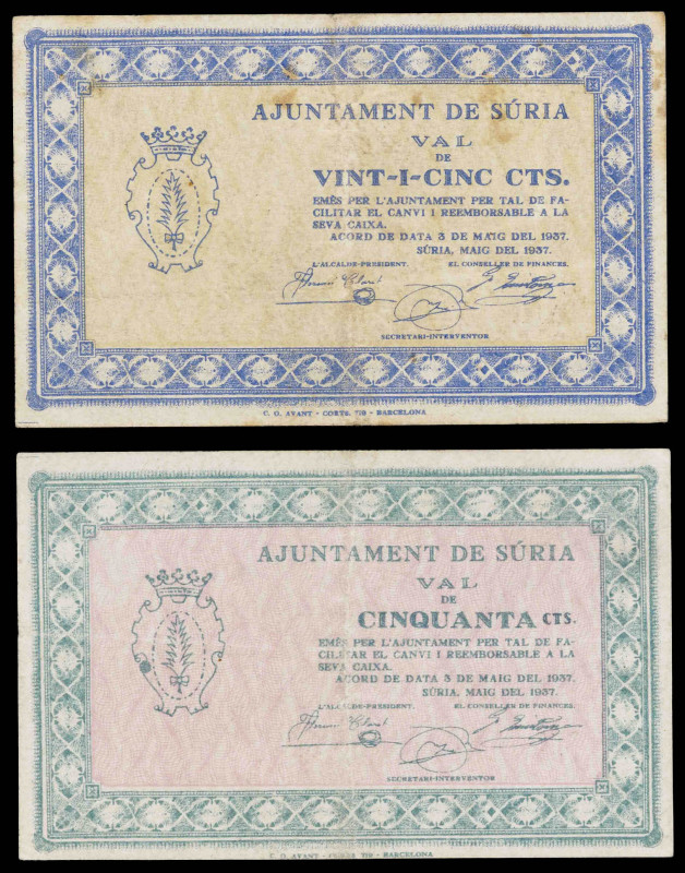 Súria. 25 y 50 céntimos. (T. 2810b y 2811). 2 billetes. MBC-/MBC.
