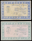 Súria. 25 y 50 céntimos. (T. 2810b y 2811). 2 billetes. MBC-/MBC.