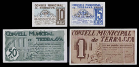 Terrassa. 10, 15, 50 céntimos y 1 peseta. (T. 2847b, 2848b, 2849a y 2850a). 2 billetes y 2 cartones, todos los de la localidad. MBC-/EBC-.