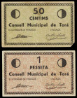 Torà de Riubregós. 50 céntimos y 1 peseta. (T. 2901 y 2902). 2 billetes, serie completa. El de 50 céntimos, nº 000282. Raros. MBC-/MBC.