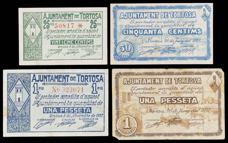 Tortosa. 25, 50 céntimos y 1 peseta (dos). (T. 2996 a 2998 y 3000). 4 billetes, ...
