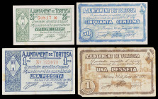 Tortosa. 25, 50 céntimos y 1 peseta (dos). (T. 2996 a 2998 y 3000). 4 billetes, una serie completa. BC+/MBC+.